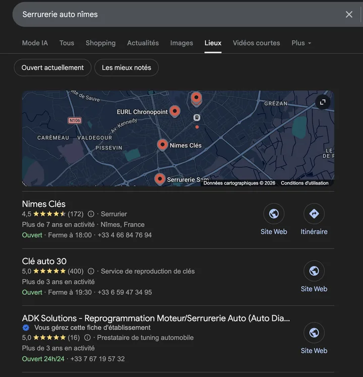 Capture de Google : ADK Solutions en 3e position sur « serrurerie auto Nîmes »