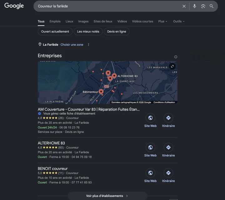 Capture de Google du 20 mai 2026 : AM Couverture en 1re position sur « couvreur La Farlède »