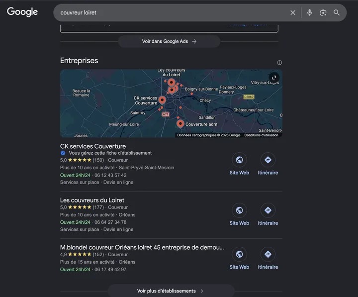 Capture de Google du 20 mai 2026 : CK Services Couverture en 1re position sur « couvreur loiret »