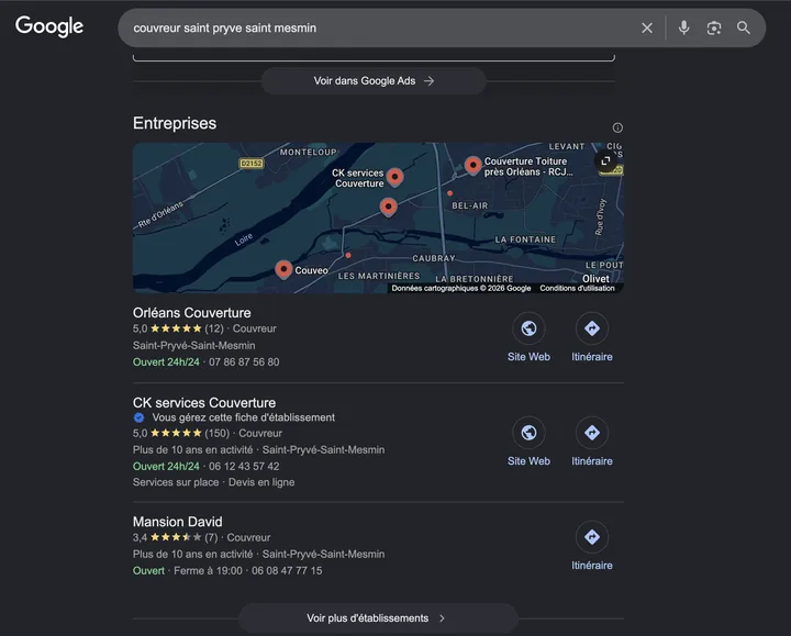 Capture de Google du 20 mai 2026 : CK Services Couverture en 2e position sur « couvreur saint pryvé saint mesmin »