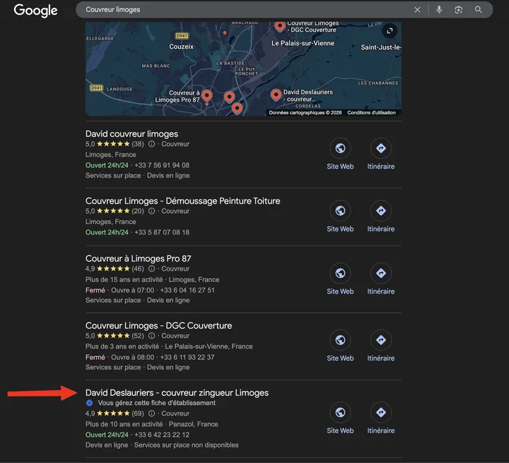 Capture de Google du 20 mars 2026 : David Deslauriers en 5e position sur « Couvreur limoges »