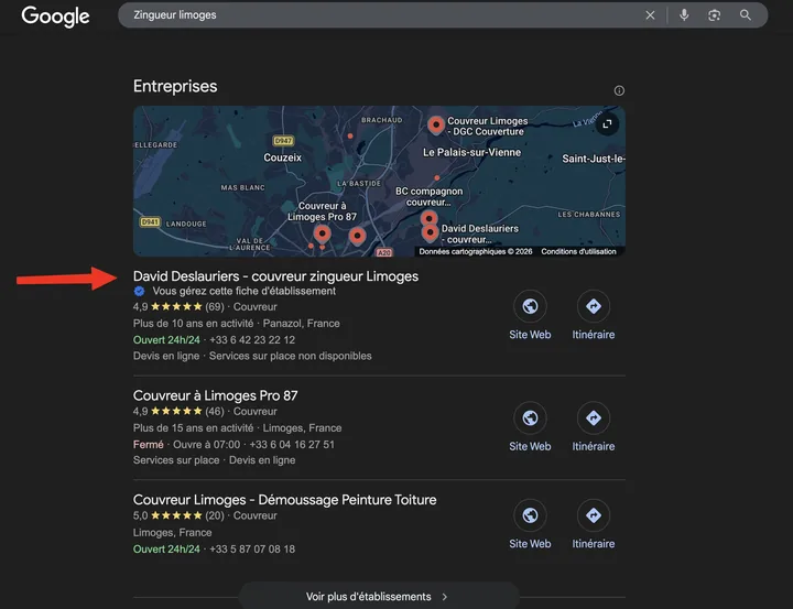 Capture de Google du 20 mars 2026 : David Deslauriers en 1re position sur « Zingueur limoges »