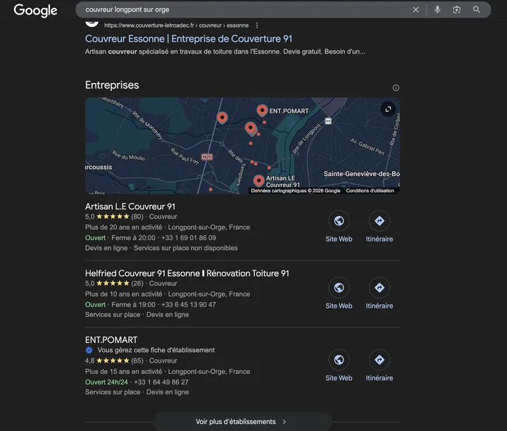 Capture de Google du 6 mars 2026 : ENT.POMART en 3e position sur « couvreur longpont sur orge »