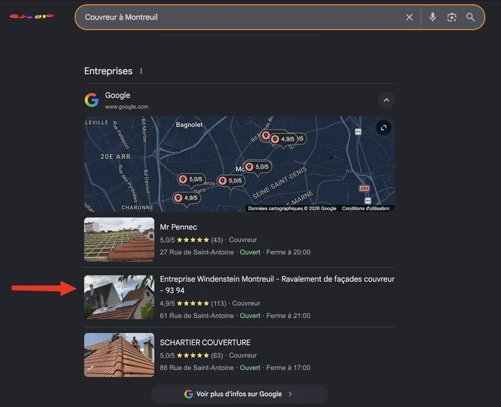 Capture de Google du 27 septembre 2026 : Entreprise Windenstein en 2e position sur « couvreur à Montreuil »