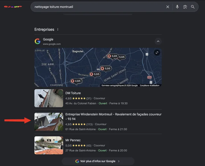 Capture de Google du 27 septembre 2026 : Entreprise Windenstein en 2e position sur « nettoyage toiture Montreuil »