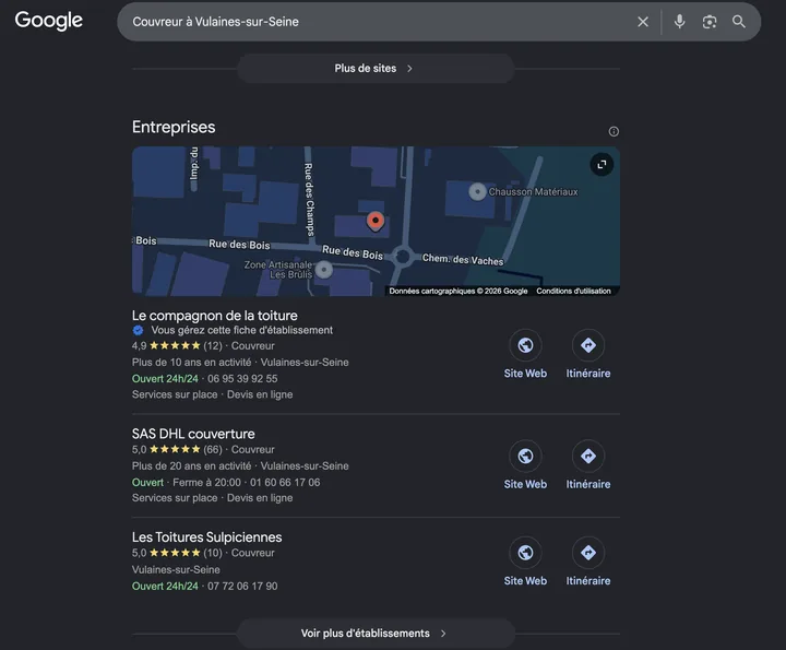 Capture de Google du 10 août 2026 : Le Compagnon de la Toiture en 1re position sur « Couvreur à Vulaines-sur-Seine »