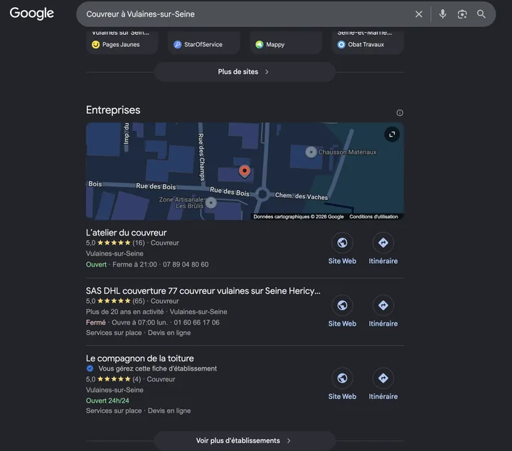 Capture de Google du 19 juillet 2026 : Le Compagnon de la Toiture en 3e position sur « Couvreur à Vulaines-sur-Seine »