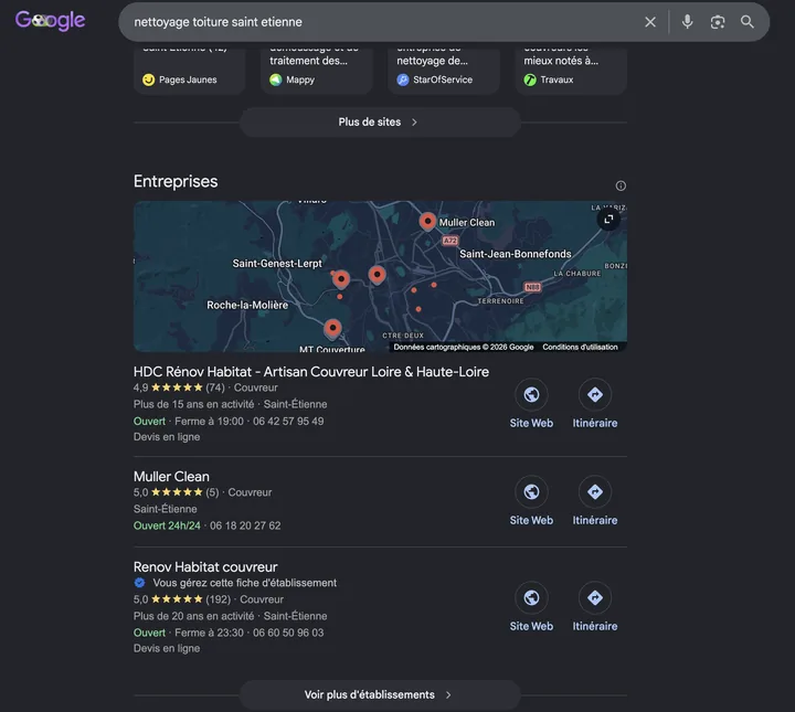 Capture de Google du 28 juin 2026 : Rénov Habitat Couvreur en 3e position sur « nettoyage toiture Saint-Étienne »